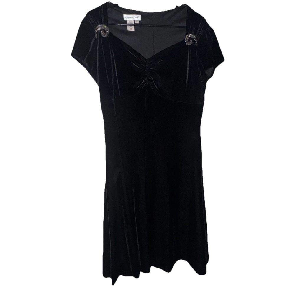 ColdWater Creek Velvet Midi Dress 2 Rhinestone Broaches Whimsy Goth Women's 10